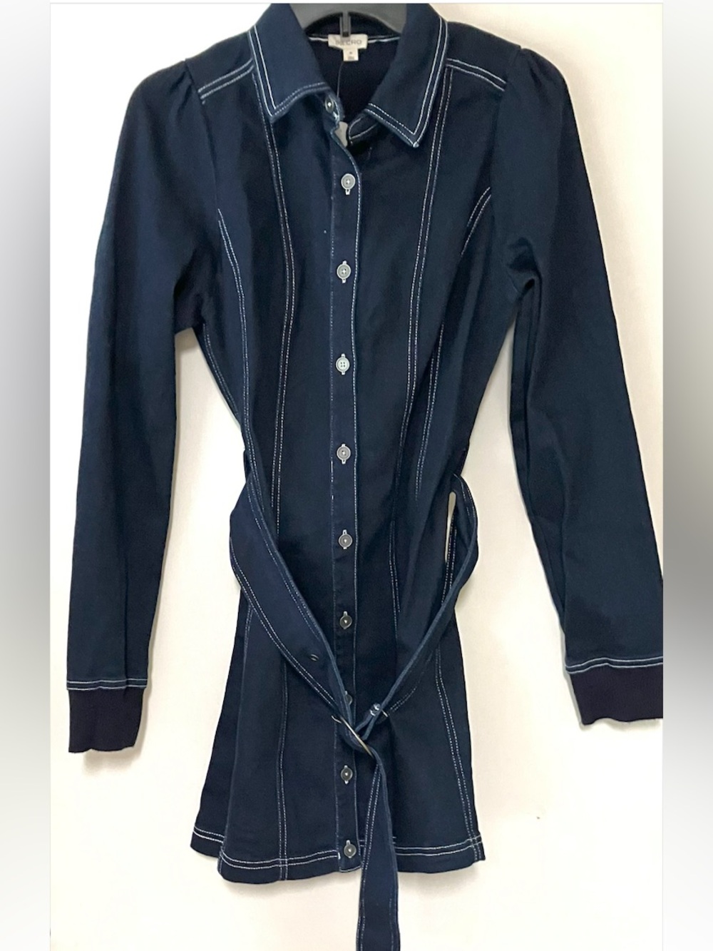 Anthropologie Pilcro Dark Denim Blue Long Sleeve Belted Mini Dress: Medium - Picture 3 of 4